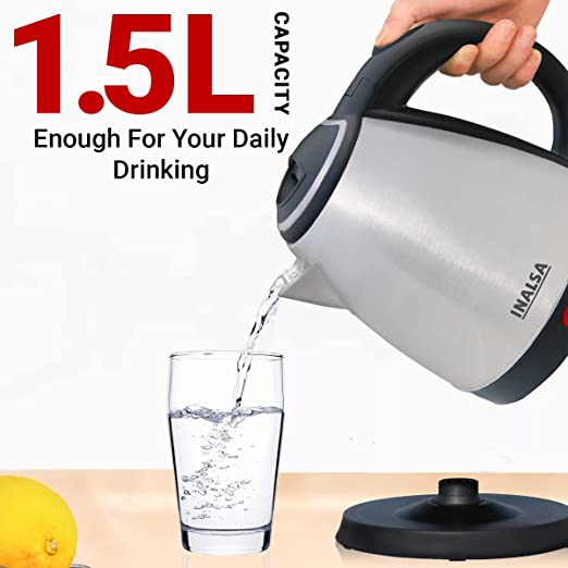 INALSA Electric Kettle 1.5 Liter with Stainless Steel Body - Kwik|Auto Shut Off & Boil Dry Protection Safety Features| Cordless Base & Cord Winder|Hot Water Kettle |Water Heater Jug INALSA Electric Kettle 1.5 Liter with Stainless Steel Body - Kwik|Auto Shut Off & Boil Dry Protection Safety Features| Cordless Base & Cord Winder|Hot Water Kettle |Water Heater Jug